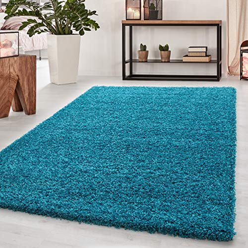 HomebyHome Shaggy Teppich Läufer Flur 60 x 110 cm - 50 mm Florhöhe Hochflor Wohnzimmerteppich Türkis Extra Weich und Flauschig - Bettvorleger Teppiche für Schlafzimmer - Waschbarer Küchenläufer