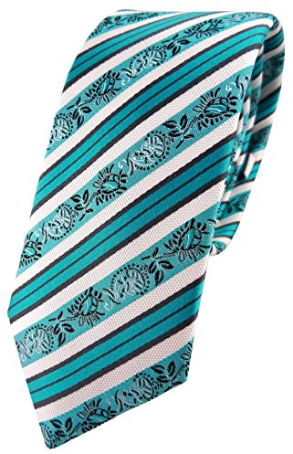 TigerTie schmale Designer Seidenkrawatte in türkis weiss silber anthrazit gestreift - Krawatte 100% Seide
