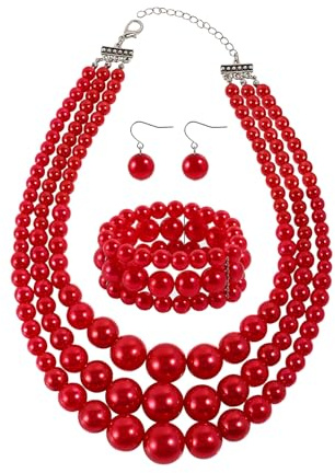 KOSMOS-LI Large Jewelry Sets 3 Layer Simulated Red Pearl Women's Statement 18 Necklace Bracelet and Earrings