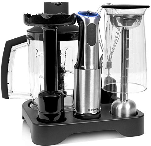 Duronic Hand Blender HB8010 Immersion Blender Electric Handheld Blender Stick Stainless Steel Blending Machine for Soup Sauces Hand Held Blenders with Chopper Whisk Masher 2 Jugs Storage Stand - Black