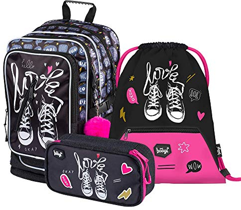 Baagl Schulrucksack Set Mädchen 3 Teilig - Schultasche ab 3. Klasse - Grundschule Ranzen mit Brustgurt - Ergonomischer Schulranzen (Turnschuhe)