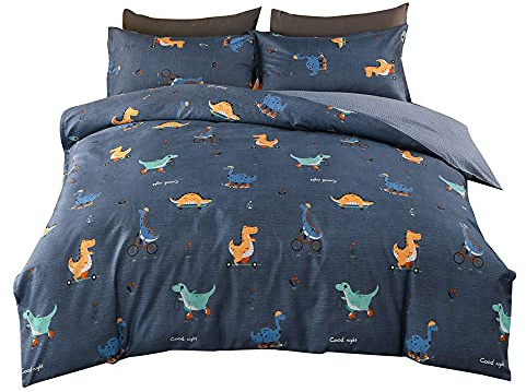 Mateju Dinosaure Impression Parure de Lit 4 pièces en Microfibre avec Housse de Couette, Drap de Lit et 2 Taies d?oreillers, Ensemble de Literie pour Chambre Enfant (Dessin animé Bleu,220x240cm)