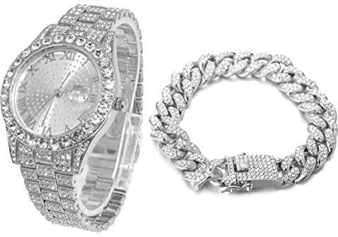 Halukakah Herren Diamant Golduhr,18K Echt Vergoldet/Platin Weiß 42MM Rundes Design, Armband mit Handgefassten Labordiamanten (24cm), Kubanischer Link Kette (20+45cm Halskette Armband), mit Geschenkbox