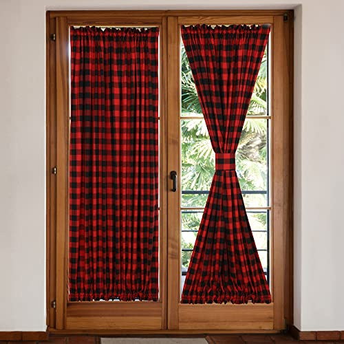 Moslovstar 2 Stück French Door Vorhänge Buffalo Plaid Seitenlichtvorhänge mit Stangentasche, Vordertür, Fenstervorhänge mit Raffhaltern, Rot und Schwarz, 64 x 183 cm