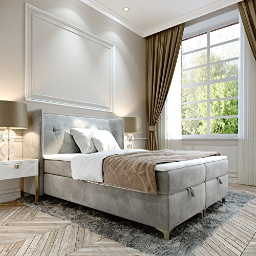 FURNISTAR Boxspringbett Doppelbett LIND - 120x200cm Bett mit Bonellmatratze, mit Bettkasten für Bettwäsche und Topper. EIN Bett mit einem klassischen, konturierten Kopfteil (Velvet 83, 120x200)