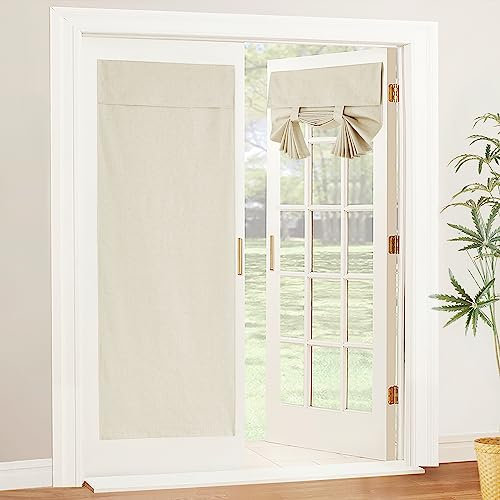 PONY DANCE Light Beige Linen Door Curtain - Full Blackout Thermal Insulated Tie Up Shades for French/Patio/Front Door, Window Curtain with Sticky Strap, W26 x L69 inch, 1 PC