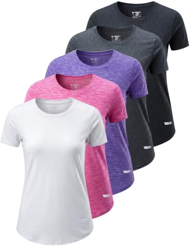 Liberty Imports 5 Pack Women's Dry Fit Workout Tops, Athletic Short Sleeve T Shirts for Yoga Gym (Available in Plus Sizes) (Set 3, Large)