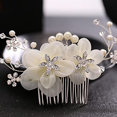 JUSTUSNX Silberne Braut Hochzeit Kopfschmuck Perle Blume Haarkamm Accessoires Kristall Haarteile Stirnband für Frauen und Mädchen