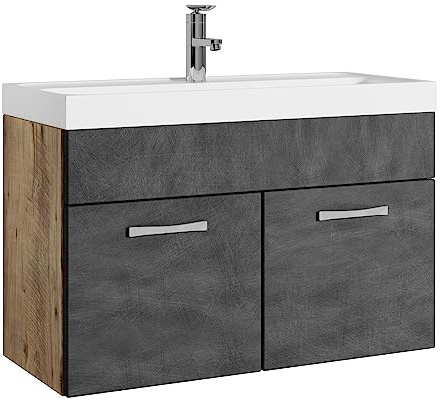 Badplaats Badmöbel Set mit Waschbecken und Unterschrank Paso 01 80 x 40 cm Kastanien Eiche mit Dunkel Grau - Waschbeckenunterschrank mit Waschbecken