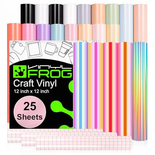 VINYL FROG Glossy Permanent Adhesive Vinyl Pack 12''x12'' 25 Sheets/Pack Assorted Colors Craft Vinyl for Mug, Cup, Window & Home Deco,and Other DIY Projects