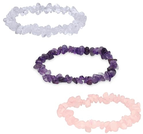 Amethyst Bergkristall Rosenquarz Splitterarmband Set Goldenes Dreieck | Das Goldene Dreieck als 3er-Set | Elastische Stretcharmbänder | Inkl. Edelsteinkarten