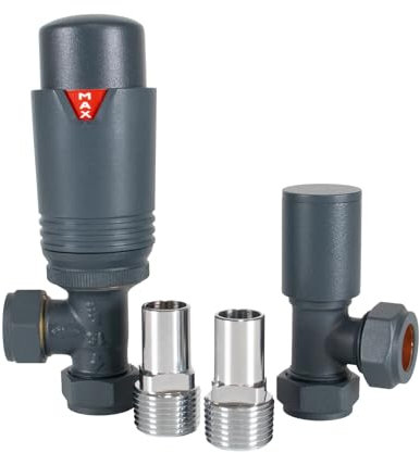 Adept Kava Anthracite Angled Thermostatic Radiator Valve - TRV Lockshield and Modern Valves Head Kit (15mm x 1/2)