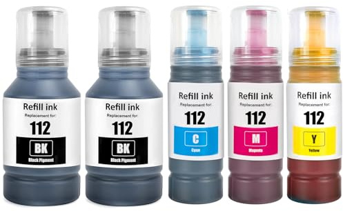 SHUOLEI 112 Tinte Kompatibel mit Epson 112 C13T06C14A C13T06C24A C13T06C34A C13T06C44A Tintenbehälte Nachfülltinte Multipack für ECOTANK L6490 L6550 L6570 L6580 L11160 L15150 L15160 L15180(5-Pack)