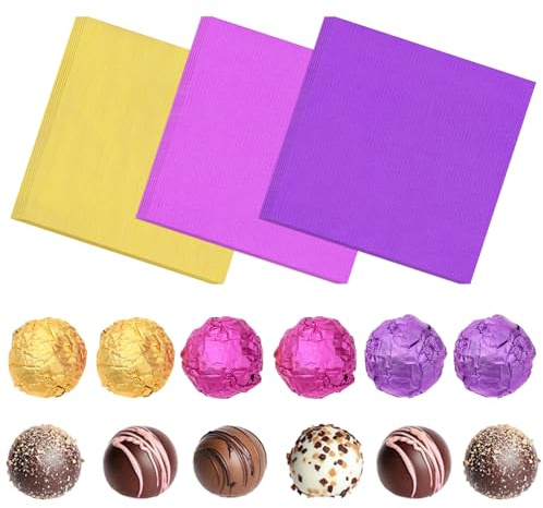 Molain 300 pirottini colorati per caramelle, 7,6 x 7,6 cm, quadrati, color cioccolato, carta in alluminio, per caramelle fai da te e decorazioni al cioccolato (oro + viola + rosa rossa),