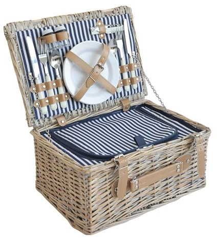 casa.pro Picknickkorb Lumparland Komplettset für 2 Personen mit Kühlfach Weidenkorb Picknickset aus Geschirr Gläser Besteck Picknickkoffer 40 x 28 x 20 cm Weiß/Blau