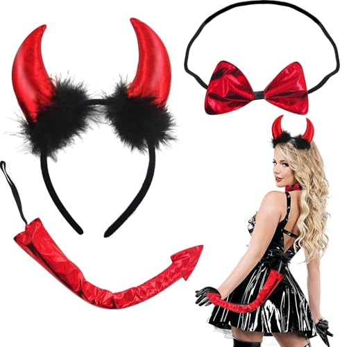 Meanju Teufelshörner Set 3 Stück, Teufel Ohren Haarband +Teufelshörner Fliege+Teufelsschwanz, teufel kostüm damen, Teufel Hörner Stirnband Set, Teufels Ohren Haarreif für Karneval Halloween