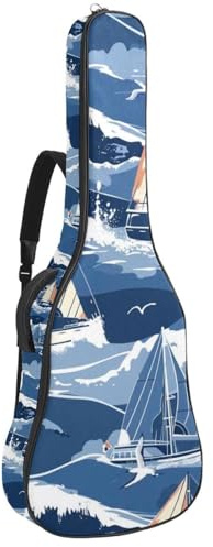 Gitarrentasche für Akustikgitarre mit zwei Taschen, blaues Meer, Segelboot, Leuchtturm, wasserabweisend, doppelt verstellbarer Schultergurt, Gitarrentasche, Blue Sea Segelboot Leuchtturm,