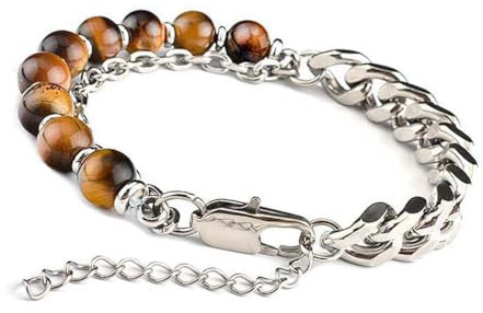 Unique Gems Bracciale Uomo in Occhio di Tigre 8mm in Acciaio Inox Massiccio con Pietre Preziose Qualità da Gioielliere Catena a Maglia