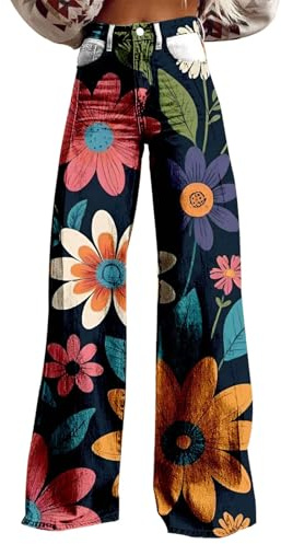 Pantalon Patte D'elephant Femme Pantalon à Jambes Larges pour Femmes, imprimé Floral Vintage, Taille Haute, Droit, Extensible, avec Poches Les Vetement pour Femme Vetement Fete Femme (Navy, XXXL)