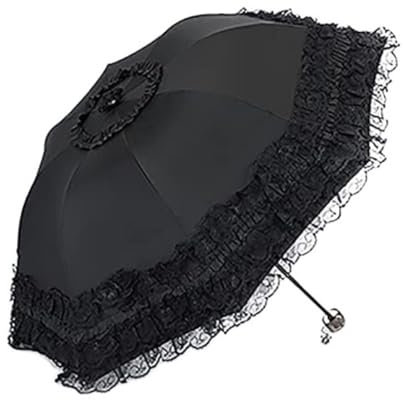 NTIYOU Folding Umbrella Lace Women Rain Umbrella Sun Black Parasol Folding Princess UV Protection Decoration Portable(Noir)
