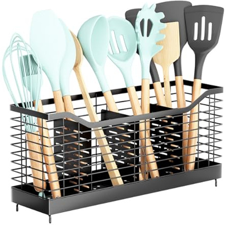 buysigo Utensilienhalter für Küchentheke，Küchenarbeitsplatte Utensil Organizer，große schwarze Edelstahl Utensil Schale，4Fächer Küchenutensilien Caddy，Schwarz