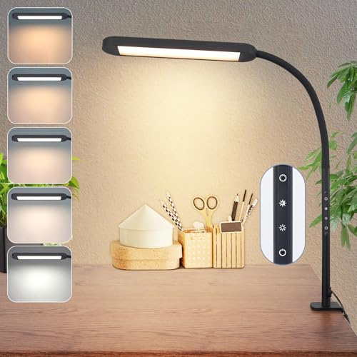 Homefire Schreibtischlampe LED Klemmbar Dimmbar Schreibtischleuchte Schwarz | 5 Farben und 5 Helligkeitsstufen 11W Tageslichtlampe Augenschutz Flexibel Schwanenhals Tischlampe für Büro Arbeitszimmer