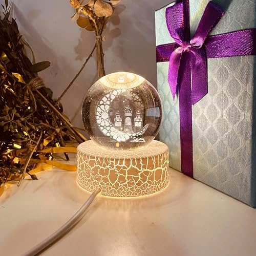 FUFRE ramadan deko LED kristallkugel nachtlicht,eid mubarak dekoration,6cm USB Stromversorgung Kristallkugel mit Sockel,muslimische deko geschenke für Kinder, Freunde, Paar,Geburtstag, Festival (B)
