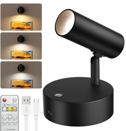 Wireless Spot Light, 5000mAh Battery Operated Picture Lights Indoor, Accent Light Indoor with Timer andRemote, Dimmable Wall Spotlight for Plant and Artwork, 3000K/4000K/6000K