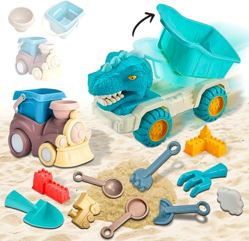 Koolbitz 14PCs Beach Sand Toys Kit for Kids Dinosaur Track & Train Magic Motion Sand Playset with Shovels, Sand Molds and Tools Perfect for Beach and Indoor Play Creative Summer Activity for Toddler