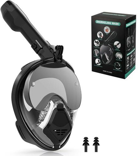 Zikenis Maschera Snorkeling Integrale, Lente Ultra Chiara Anti Fog, 100% Silicone, Snorkel Dry con Valvole Sicurezza, Supporto Action Cam, Adatto Per Adolescenti e Adulti (Nero, L-XL)