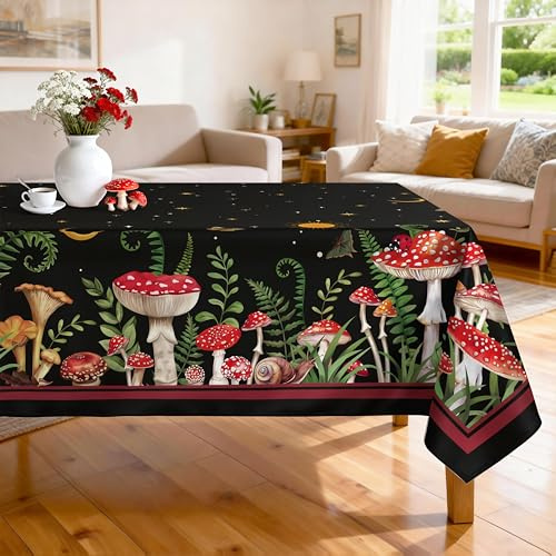Arquiel Frühling Pilze Tischdecke Polyester Rechteckig 140 x 180 cm | Waschbare Polyester-Tischdecke mit Pilze-Motiv, wasserabweisend und pflegeleicht für Küche, Esszimmer, Feste und Feiern.