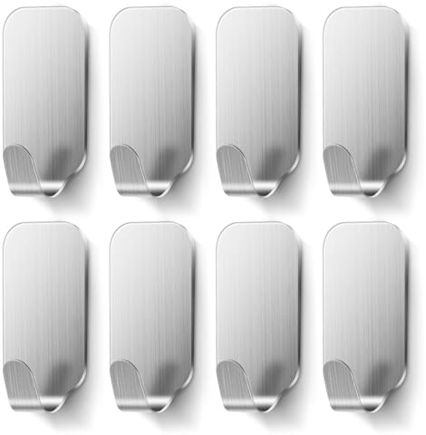 MACOLE Small Self Adhesive Hooks, Brushed 304 Stainless Steel, Mini Silver Towel Hooks for Bathroom Kitchen & Bedroom, No-Drill 3kg Max Load, 3M PE Foam Sticky Hooks, 8 Pack