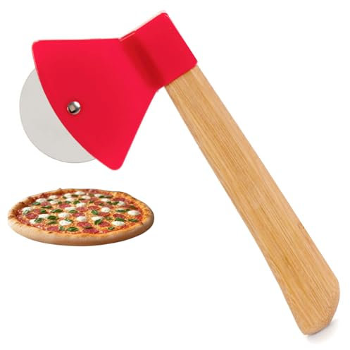 Andinus Cortador de Pizza en Forma de Hacha – Divertido y Original – Mango de Madera y Cabezal Rojo – Ideal para Casa, Reuniones y Regalos Originales