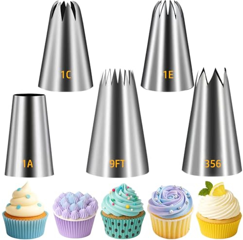 Suuker Large Piping Tips Set, Seamless Stainless Steel Cake Decorating Tips, 5 Pieces Frosting Icing Tips for Cake Decorating, Cupcakes, Cookie (1A 1E 1C 9FT 356)