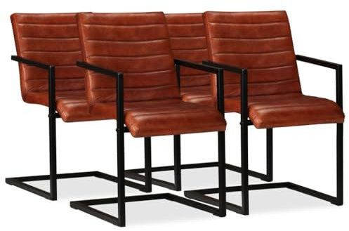 Fasba Esszimmerstühle 4 STK., Freischwinger mit Armlehnen, Schwingstuhl Stahlrahmen, Esszimmerstuhl Essstuhl Küchenstuhl Stuhl, Retro-Design, Echtleder Braun