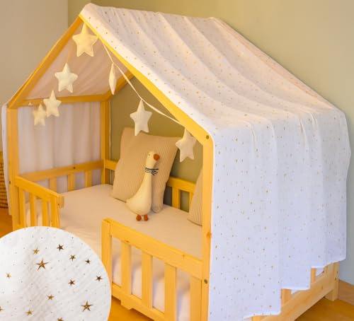 YellowNest Tenda per Letto Montessori - Tenda Letto Bambini per Letto 70x140cm y 80x160cm - 100% Mussola di Cotone - Con Ghuirlanda (Bianco Ghirlanda, 130 x 320 cm)