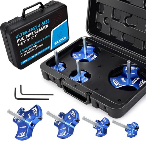 ERAYCO 4PCS Triple Blade PVC Pipe Reamer Kit, Plastic Pipe Fitting Reamer Tool for Plumbing, 3 Blades PVC Fitting Saver for SCH40, ABS, CPVC Pipe (1-1/2, 2, 3, 4)