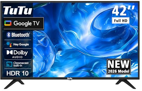 TuTu TUG42FD1 Fernseher 42 Zoll (107 cm), Full HD Smart TV mit Bluetooth | Google TV mit WLAN, APP Store, Chromecast, USB, HDMI, Triple Tuner DVB-C/S/S2/T/T2