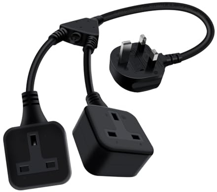 YINGAYOU 2 Way Gang Extension Lead Short 13A 250V 2 Way Extension Lead with Cable Power Splitter Cable for Home Office School (Black, 35 cm)