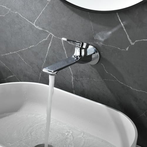 BiaoTeng Concealed Bathroom Taps Wall Mounted Hot and Cold Single Handle Basin Mixer Tap 1 Hole Brass Silver