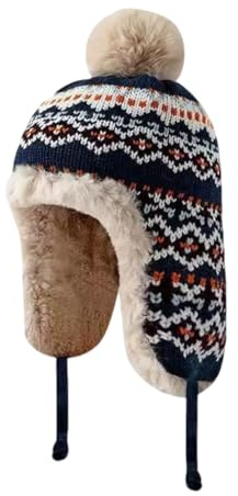 Jiujiutu Bonnet Femme Tricot rétro Hiver épais Chaud stylé Laine Thermique Chapeau 54-62cm Protéger Les Oreilles La Neige Vent fête Oversize Loisir Hat Bleu