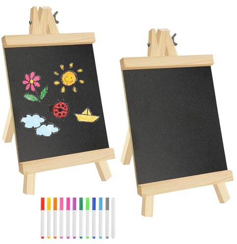 2 Stück Kreidetafel mit Ständer, Kreidetafel Aufsteller Kleine Tafel für Tisch, 29 x 16 cm Schiefertafel zum Beschriften mit 12 Kreidefarben für Hochzeit Schulbuffet Geburtstagsfeier