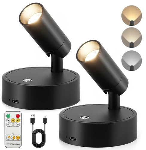 Drahtlose LED-Spots, 2 Stück wiederaufladbare LED-Spots mit Fernbedienung & 3 Farbtemperaturen & dimmbarer Helligkeit & Timer-Funktion, dimmbare Wandspots für Kunst Schränke Schlafzimmer Wohnzimmer