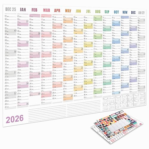 2026 Year Wall Planner, Full Year Wall Planner 2026 UK, Large Jan to Dec Yearly Planning Chart Academic Annual Poster for Student Family Home School Office Work Study Annual Poster