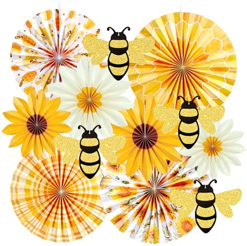 SUNBEAUTY 12 Stück Papierfächer Dekoration Sonnenblumen Geburtstag Hängende Papier Fächer 3D Bienen für Hochzeit Sommer Geburtstag Kinderparty Tea Party Tischdeko Muttertag Deko Classroom Baby Shower