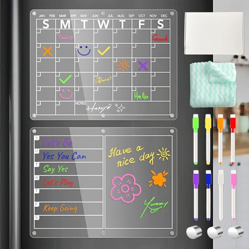 2pcs Magnetic Weekly Fridge Planner, Monthly Fridge Magnetic Calendar Meal Planner Board with 8 Markers and Wipes, Transparent Menu Organisers for Kitchen Home Shopping List
