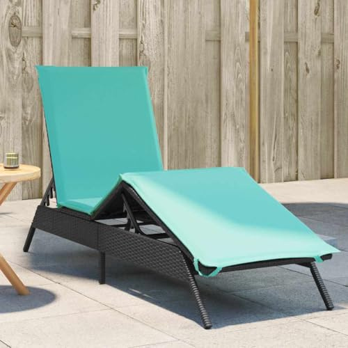 Ziaphsol Sonnenliege Schwarz aus Polyrattan, verstellbar, 200x59 cm, UV-beständig, mit blauem Kissen, für Garten, Terrasse, Pool, max. 110 kg