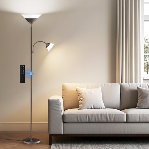 SIBRILLE Stehlampe Wohnzimmer 34W 2100LM Stehlampe LED Dimmbar, Fernbedienung&Touch-Steuerung, 3000K-6500K Stehleuchte Moderne Deckenfluter LED Dimmbar mit Leselampe für Wohnzimmer Büro, Braun