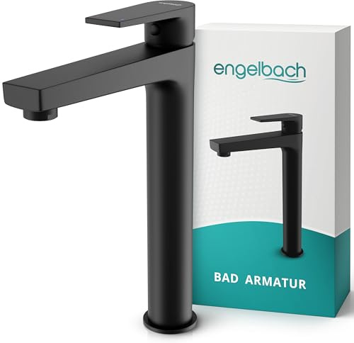 Engelbach® Wasserhahn Bad Schwarz - 304 Edelstahl Waschtischarmatur Hoch mit langlebiger Keramikkartusche - inklusive 2 Schläuche & Anleitung, Armatur Badezimmer