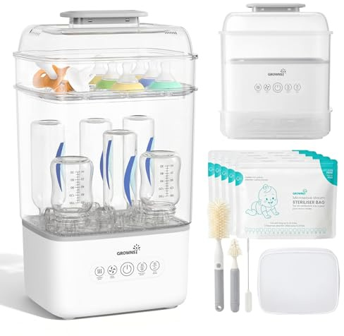 Grownsy Sterilisator für Babyflaschen mit Trockner, 6-8 Flaschen | 8 Min. Sterilisation, 25 Min. Trocknung, 5-in-1-Dampfsterilisator und Trockner für Sauger, Schnuller und Milchpumpenzubehör